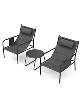 Costway 3 Pcs Outdoor Bistro Set Breathable Seat Fabric & Cozy Headrest Metal for Yard