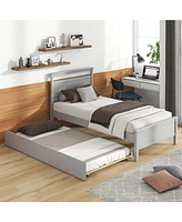 Twin Platform Bed with Trundle Pull-out Headboard & Footboard