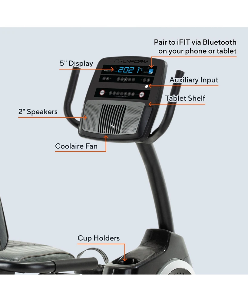ProForm 325 Csx Recumbent Exercise Bike with 5 inch Display, Built-In Tablet Holder, and Fan