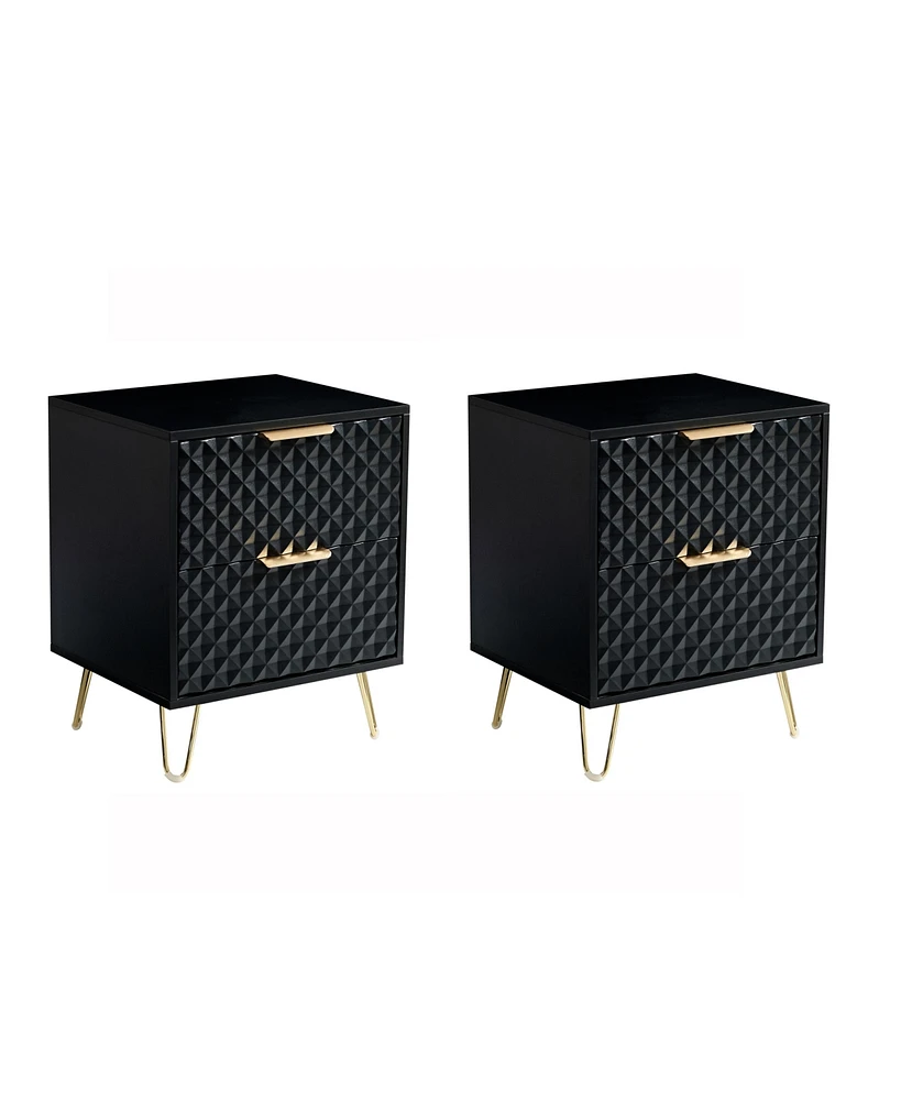 Simplie Fun Black Nightstand Set of 2, End Side Table Double, Bedside Table with 2 Drawers, Dual Night Stand Metal Legs for Bedroom Living Room