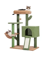 Slickblue Cactus Cat Tree Tower for Indoor Cats – Features Sisal-Covered Scratching Post, Cozy Condo, Plush Perch, and Soft Hammock