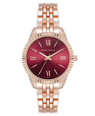 Anne Klein Women's Quartz Round Burgundy Coin Edge Rose Gold-Tone Alloy Metal Watch, 30mm