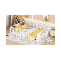 Slickblue Queen Size Metal Floor Bed Frame with Fence and Door Stylish and Secure Design