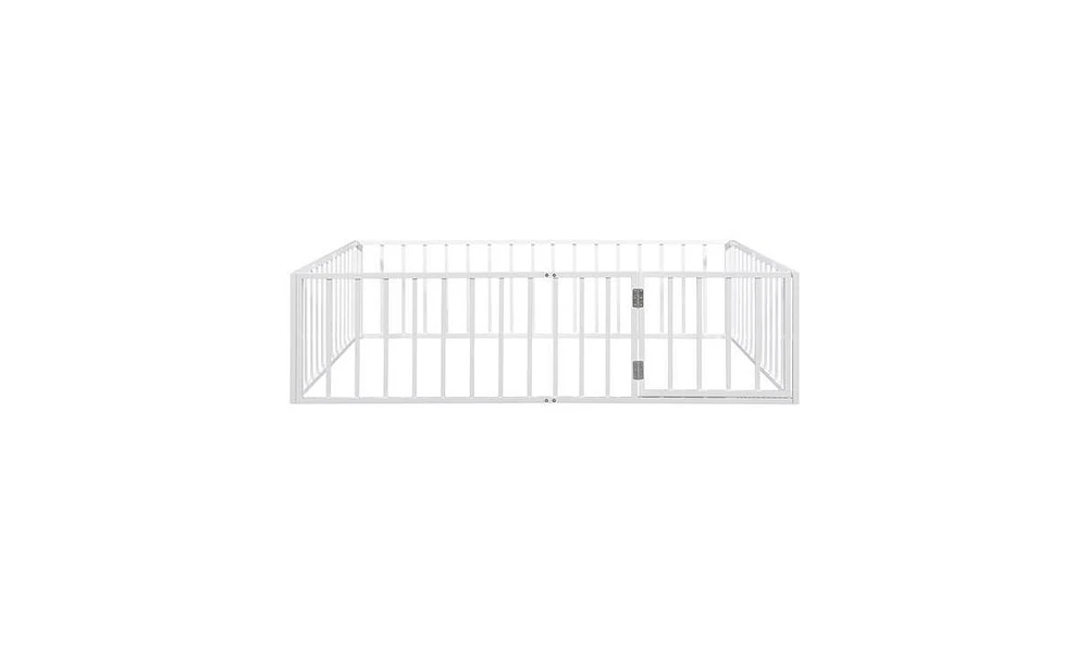 Slickblue Queen Size Metal Floor Bed Frame with Fence and Door Stylish and Secure Design