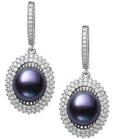 Belle de Mer Peacock Black Cultured Freshwater Pearl (10mm) & Cubic Zirconia Halo Drop Earrings Sterling Silver (Also White