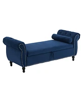 Velvet Multifunctional Storage Rectangular ottoman bench with 1 Pillow, Navy Blue