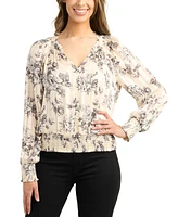 Bcx Juniors' Floral-Print Smocked-Hem Long-Sleeve Blouse