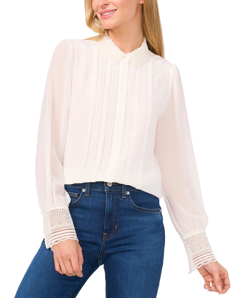 CeCe Women's Lace-Trim Pintuck-Front Long-Sleeve Blouse