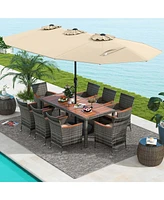 Costway 10 Pieces Patio Wicker Dining Set with Double-Sided Umbrella 8 Armchairs