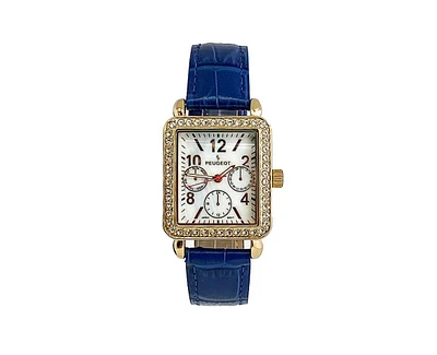 Peugeot Women's 14K Gold Plated Square Dress Watch with European Crystals and Blue Leather Band