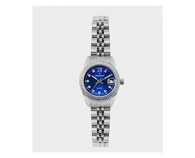 Peugeot Women's Silver-Tone 25mm Fluted Bezel Steel Bracelet Watch with Blue Dial