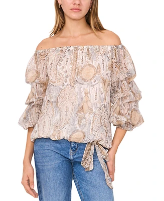 Vince Camuto Women's Paisley Off The Shoulder Bubble Sleeve Tie Front Blouse