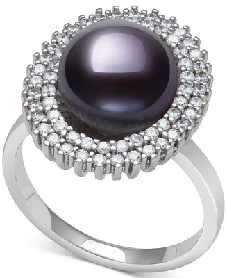 Belle de Mer Peacock Black Cultured Freshwater Pearl (10mm) & Cubic Zirconia Halo Ring Sterling Silver (Also White Pearl)