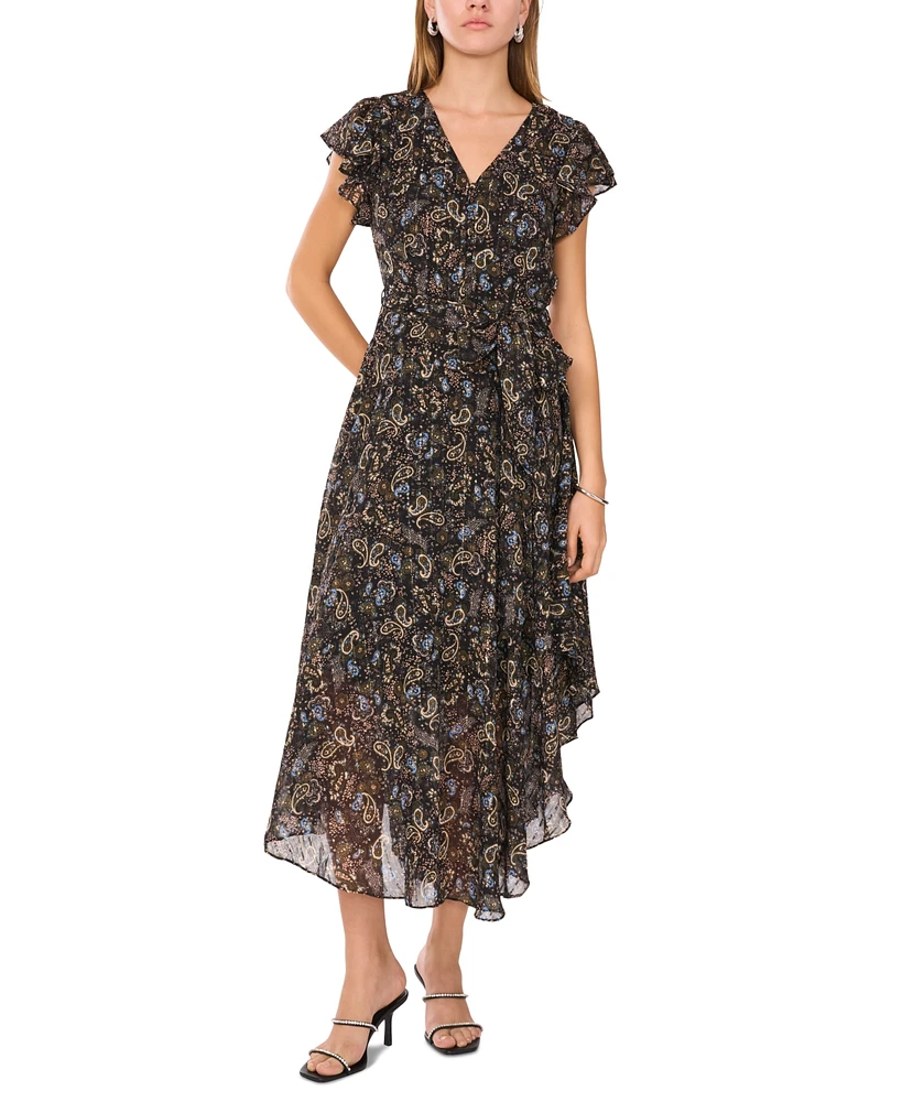 Vince Camuto Women's V-Neck Button-Down Belted Flutter Midi Dress