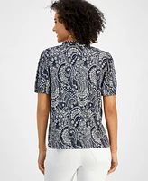 Nautica Jeans Women's Printed Tie-Neck Puff-Sleeve Top