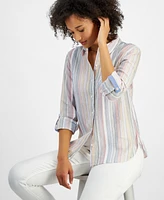 Nautica Jeans Women's Cotton Dobby-Striped Roll-Tab Shirt