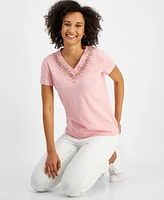 Nautica Jeans Women's Crochet-Trim Solid-Color V-Neck Shirt