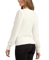 Bcx Juniors' Ribbed Twist-Front Puff-Sleeve Crewneck Sweater