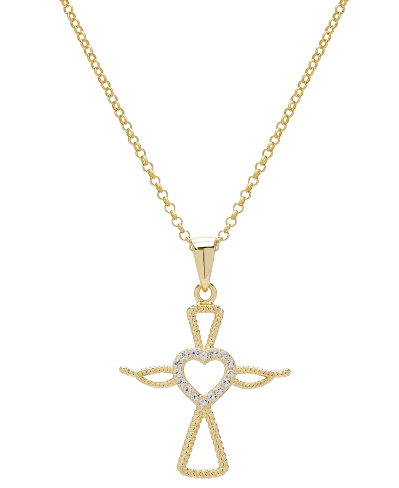 Lab Grown White Sapphire Angel & Heart 18" Pendant Necklace (1/6 ct. t.w.) in 14k Gold-Plated Sterling Silver