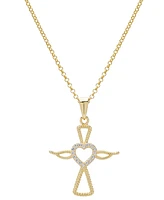 Lab Grown White Sapphire Angel & Heart 18" Pendant Necklace (1/6 ct. t.w.) in 14k Gold-Plated Sterling Silver