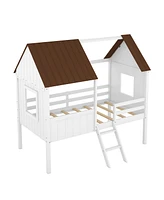 Slickblue Twin Low Loft Wood House Bed with Two Side Windows (White+Brown)