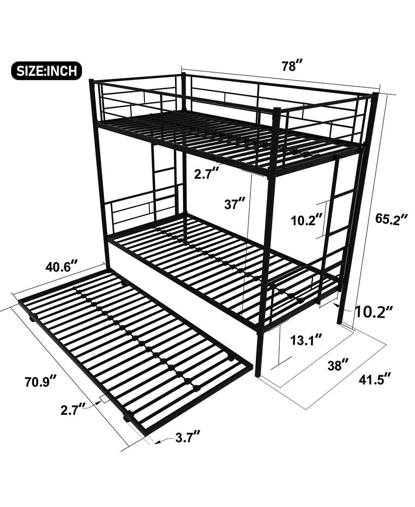 Slickblue Twin Over Twin Metal Bunk Bed Frame with Trundle for Space-Saving Solutions