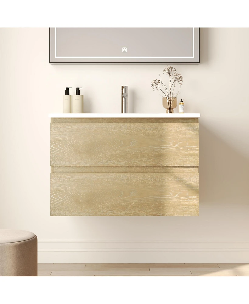 DeerValley 30'' Wall Mounted Bathroom Vanity with Ceramic Sink Top, Pre-assembled Floating Bathroom Cabinet