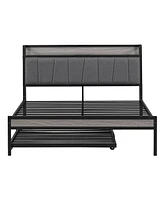 Slickblue Full Size Metal Platform Bed Frame with Twin Trundle, Upholstered Headboard, Usb Ports & Slat Support