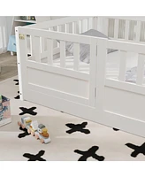 Slickblue Twin Size Montessori Wooden Floor Bed in White – Features Integral Construction with High Security Barrier and Door