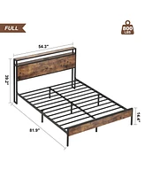 gaomon Full Size Bed Frame with Wood Headboard, Platform Bed with Storage Charging Station, Led Lights, No Box Spring Needed, Heavy Duty Rustic Design