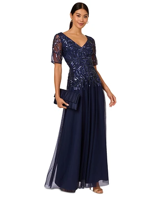 Adrianna Papell Women's Embellished Mesh V-Neck Gown