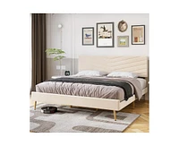 gaomon King Size Bed Frame with Adjustable Headboard, Velvet Upholstered Platform Bed, Solid Wood Slats Support, No Box Spring Needed