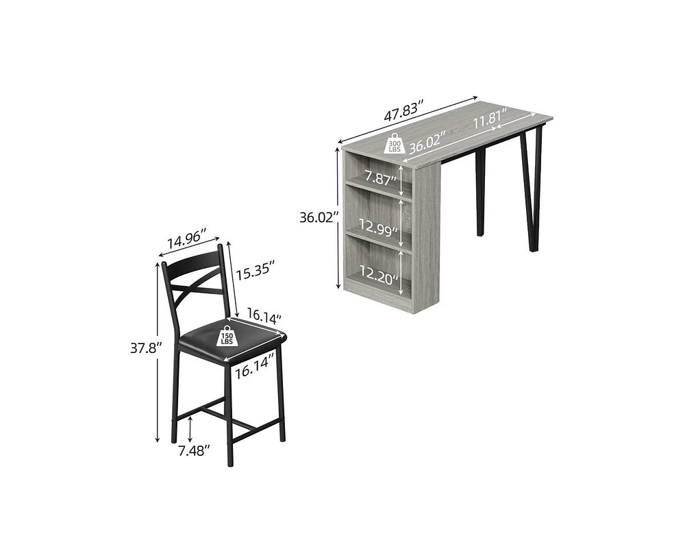 gaomon 3-Piece 36in Wooden Counter Height Dining Table Set for Kitchen, Dining Room w/Storage Shelves, Metal Frame, 2 Barstools