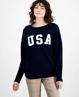 Hippie Rose Juniors' Cable-Knit Usa-Graphic Sweater