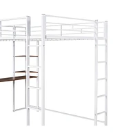 Slickblue Full Size Metal Loft Bed with 2 Shelves and one Desk ,White