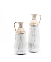 LuxenHome Set of 2 Distressed Off White and Rustic Brown Metal Pitcher Vase