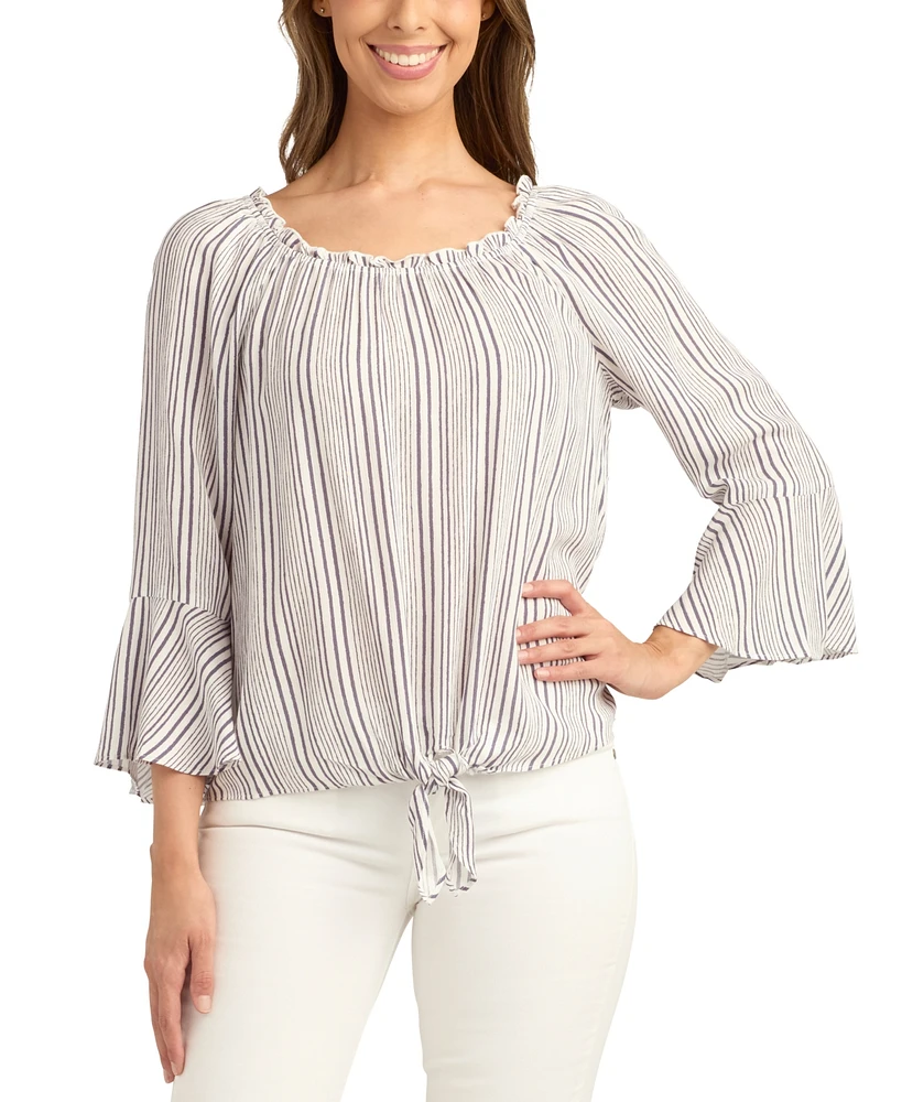 Bcx Juniors' Tie-Hem Scoop-Neck Striped Bell-Sleeve Top