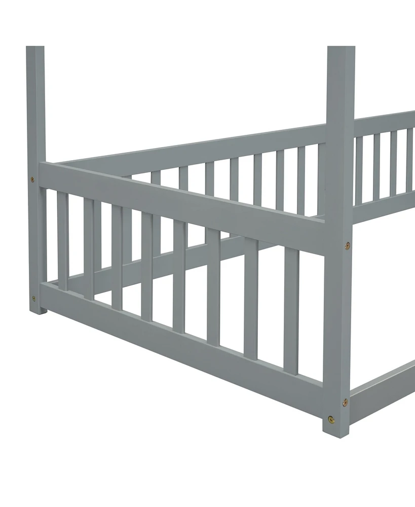 Slickblue "Twin Size Grey Canopy Floor Bed Frame with Fence and Guardrails