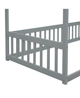 Slickblue "Twin Size Grey Canopy Floor Bed Frame with Fence and Guardrails