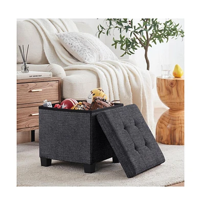 Ornavo Home Foldable Tufted 15 Inch Square Linen Storage Ottoman with Legs