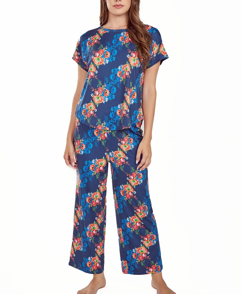 iCollection Women's Floral Microfiber Crop Pant and Top Pajama Set