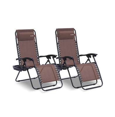 SereneLife Adjustable Zero Gravity Chair Set with Side Table, 2-Pack, Brown