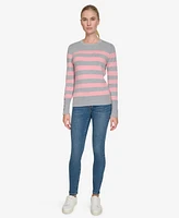 Nautica Jeans Women's Crewneck Stripe Sweater with Button Sleeve