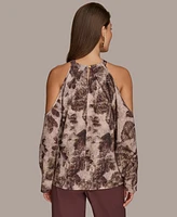 Donna Karan New York Women's Long Sleeve Printed Cold-Shoulder Top