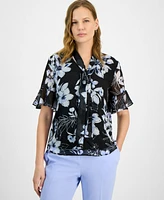 Kasper Women's Printed Tie-Front Ruffle-Sleeve Blouse