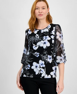 Kasper Women's Floral Blouson-Sleeve Blouse