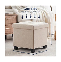 Ornavo Home Foldable Tufted 15 Inch Square Linen Storage Ottoman with Legs