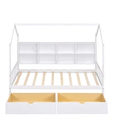 Slickblue Wooden Twin Size House Bed with 2 Drawers,Kids Bed with Storage Shelf, White