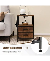 Gymax 2PCS Nightstand with Charging Station Industrial Bedside Table w/ 2 Drawers