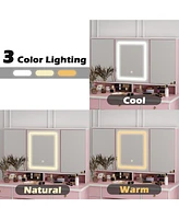 Famapy Pink Modern Makeup Vanity Desk 9-Drawers Wood Dressing Table with 3 Mirrors, Hidden Storage Shelves, Led Lighted Lights